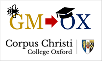 The Greater Manchester to Oxford Uni logo. The image shows the letters GM and Ox with an arrow in between pointing to Ox. Above the 'G is an icon of a bee and overall the 'O' is an icon of a mortar board.'
